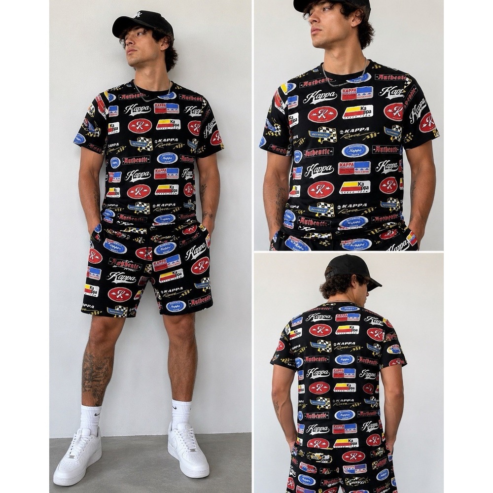 Kappa Rizer Shirt Short Set Men's Small Racing Division Logo Print Black Outfit